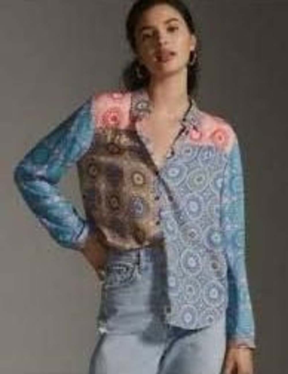 Maeve by Anthropologie Mixed Print Button-Down Long Sleeve Blouse Top Medium